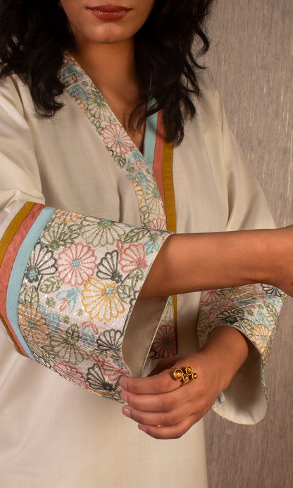 Saher: White Multi-Coloured Patched Cotton Kurta Set (Set of 3)