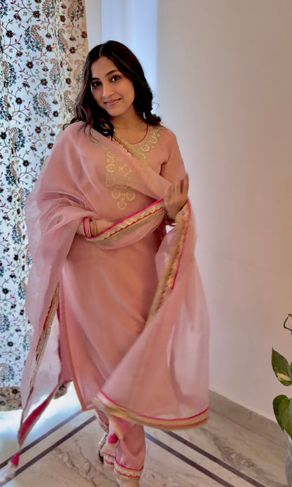Afsana: Pink Embroidered Tissue Kurta with Pants and Dupatta (Set of 3)