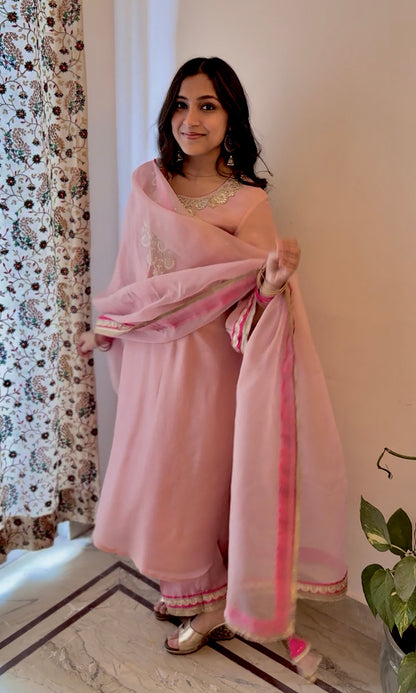 Afsana: Pink Embroidered Tissue Kurta with Pants and Dupatta (Set of 3)