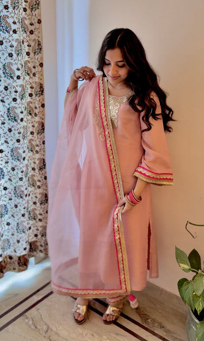 Afsana: Pink Embroidered Tissue Kurta with Pants and Dupatta (Set of 3)