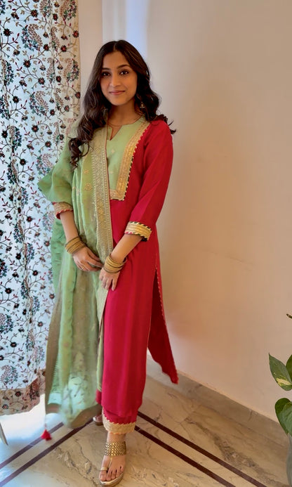 Tahira: Mustard and Cream Chanderi Kurta with Pants and Dupatta (Set of 3)