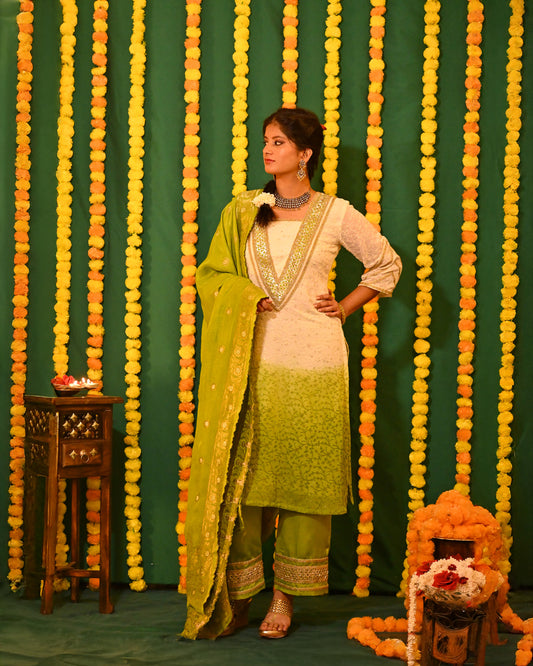 Ishrat: Off White and Green Chikankari Kurta with Pants and Banarasi Dupatta