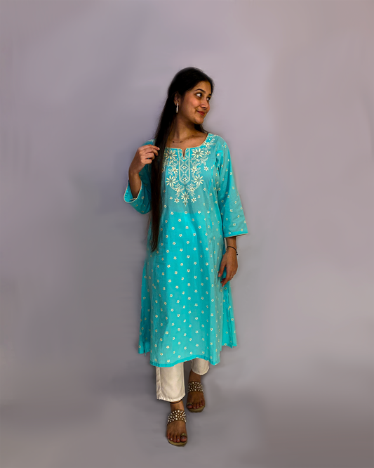Mannat: Blue Cotton A-Line Kurta