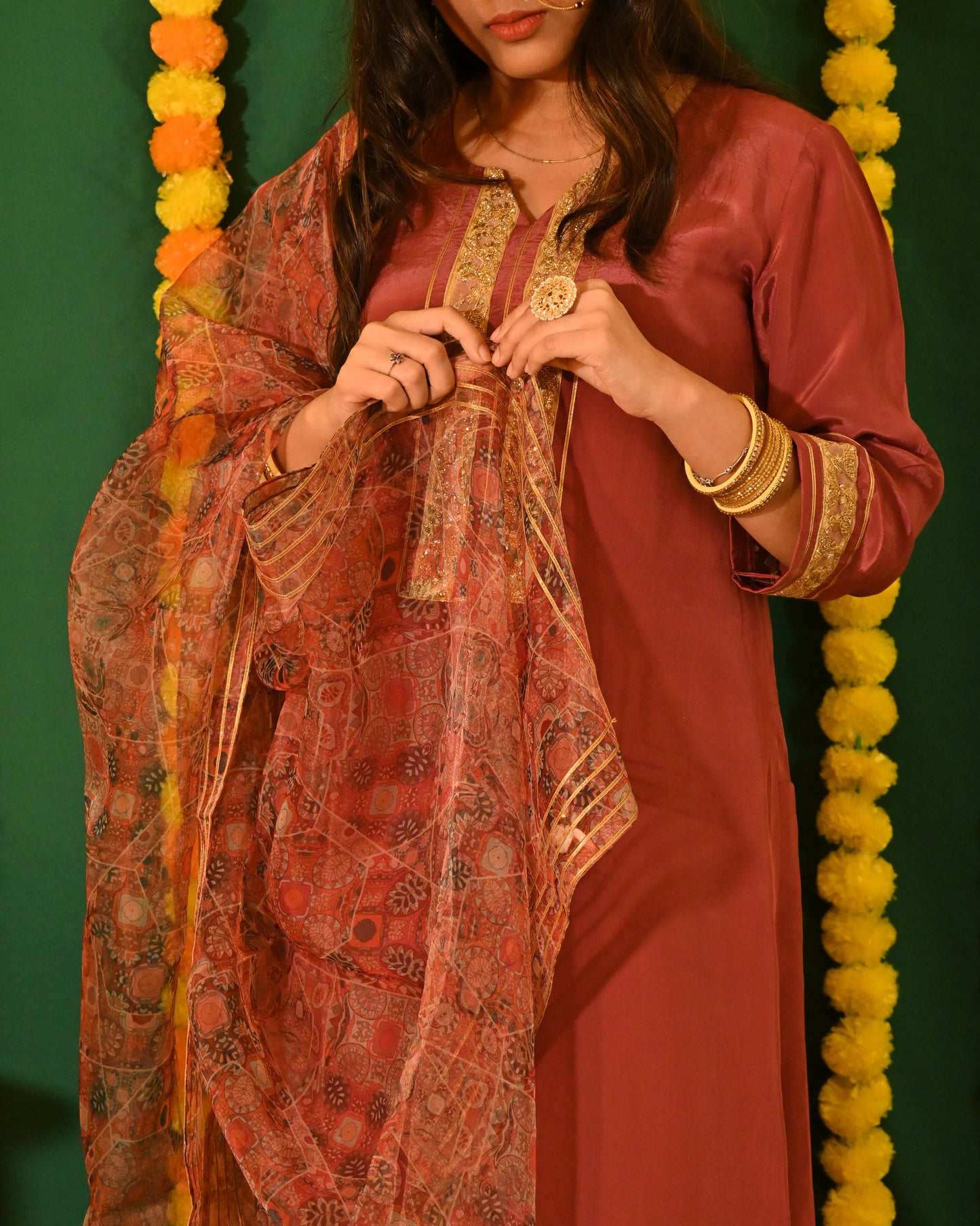 Noorani: Deep Brown Crepe Kurta with Pants and Dupatta (set of 3)