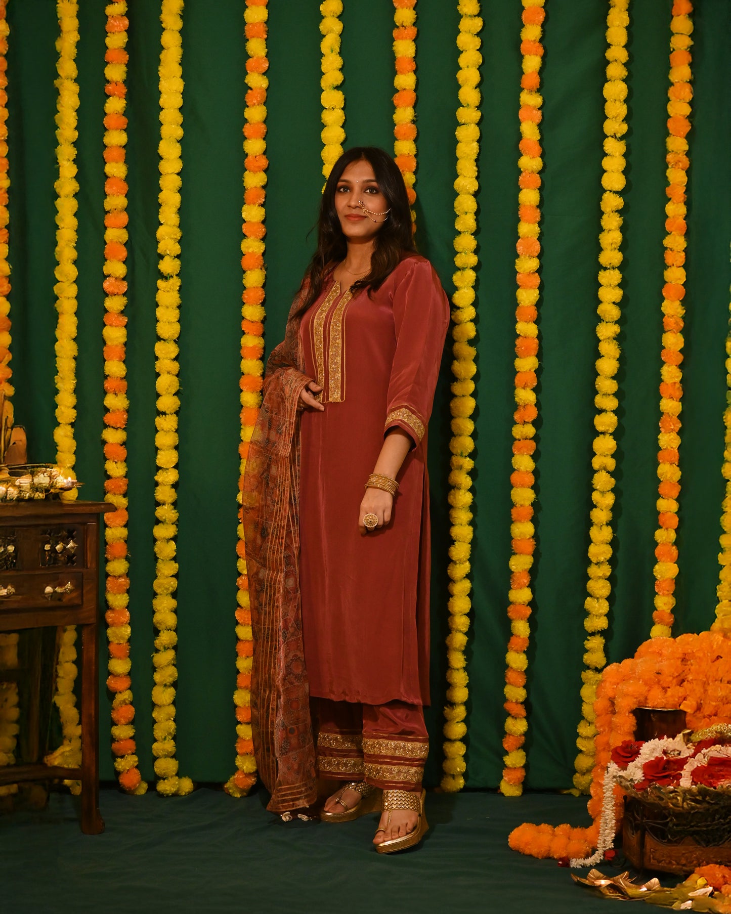 Noorani: Deep Brown Crepe Kurta with Pants and Dupatta (set of 3)