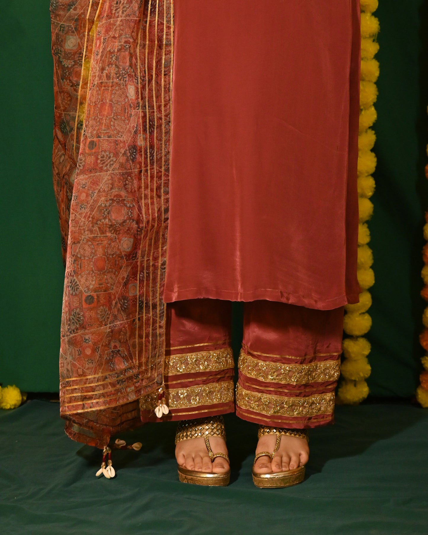 Noorani: Deep Brown Crepe Kurta with Pants and Dupatta (set of 3)