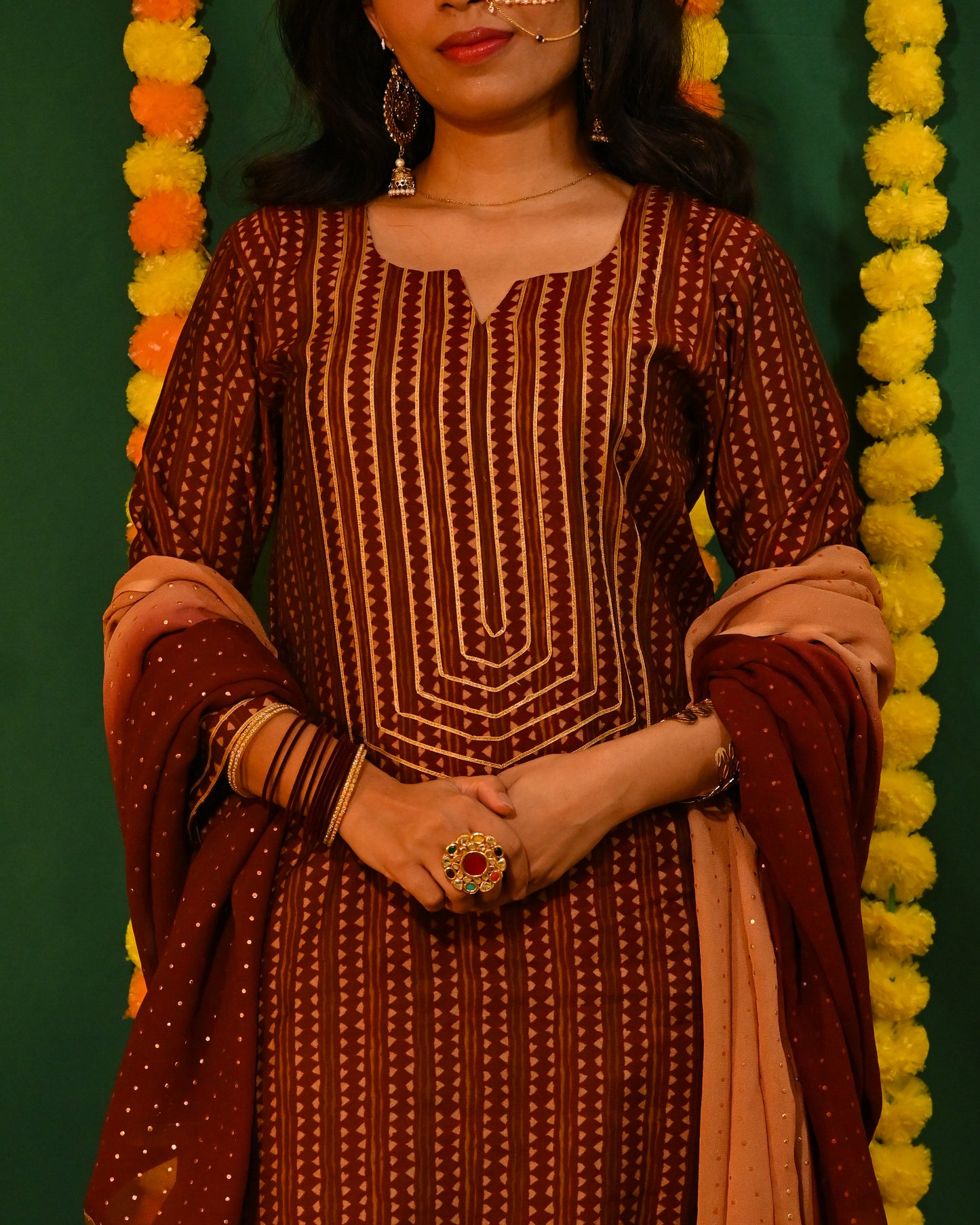 Raas: Maroon and Peach Chanderi Gota Detailed Kurta with Pants and Dupatta (Set of 3)