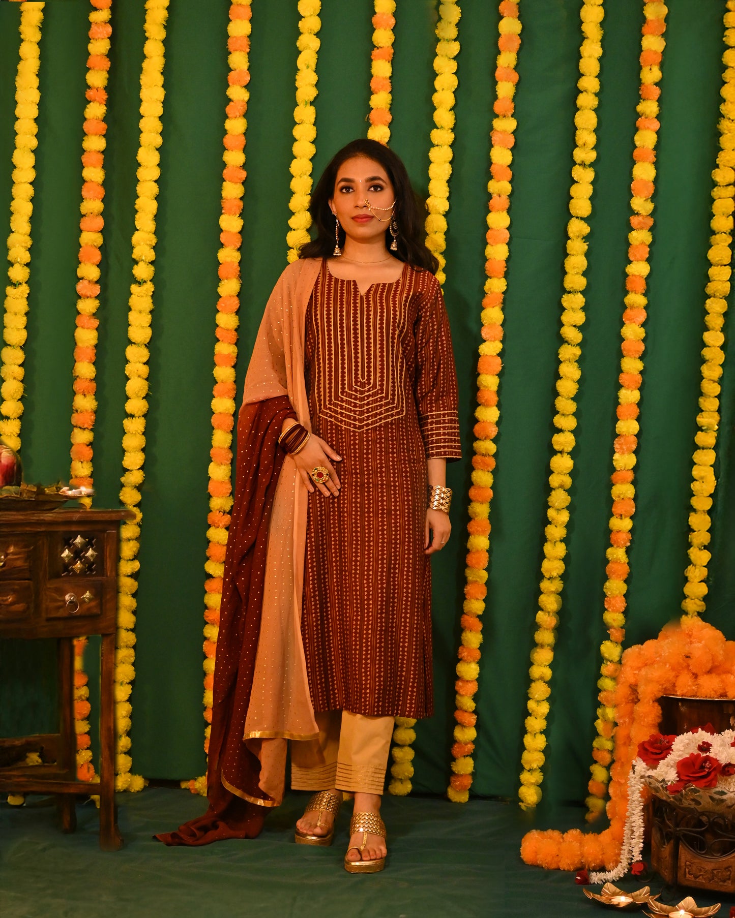 Raas: Maroon and Peach Chanderi Gota Detailed Kurta with Pants and Dupatta (Set of 3)
