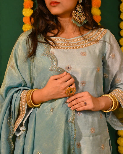 Ruhani: Blue and Gold Tissue Kurta with Pants and Dupatta