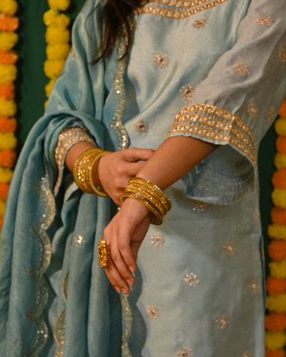 Ruhani: Blue and Gold Tissue Kurta with Pants and Dupatta