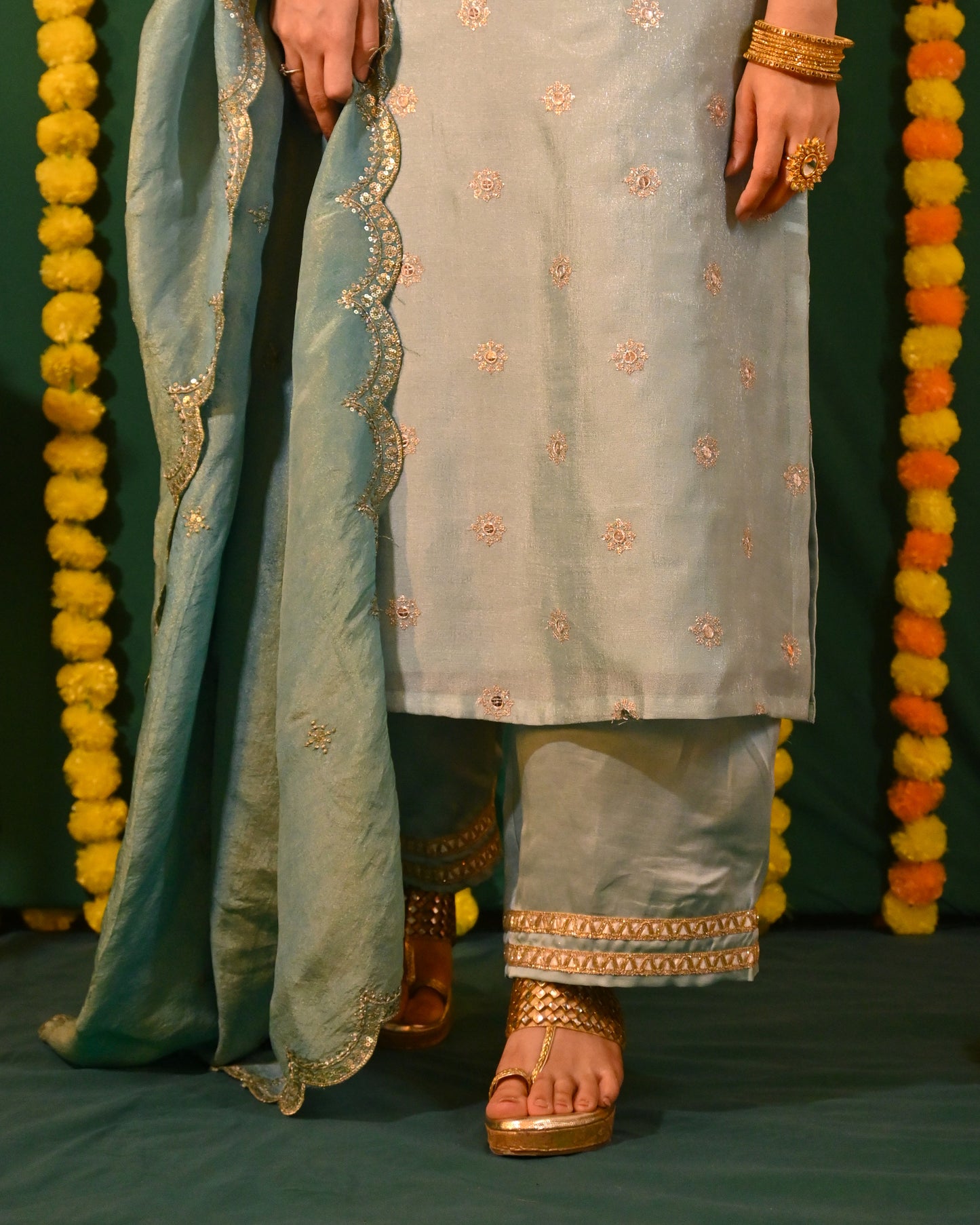 Ruhani: Blue and Gold Tissue Kurta with Pants and Dupatta