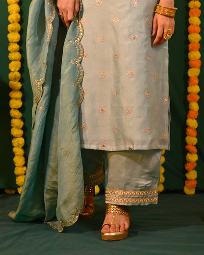 Ruhani: Blue and Gold Tissue Kurta with Pants and Dupatta