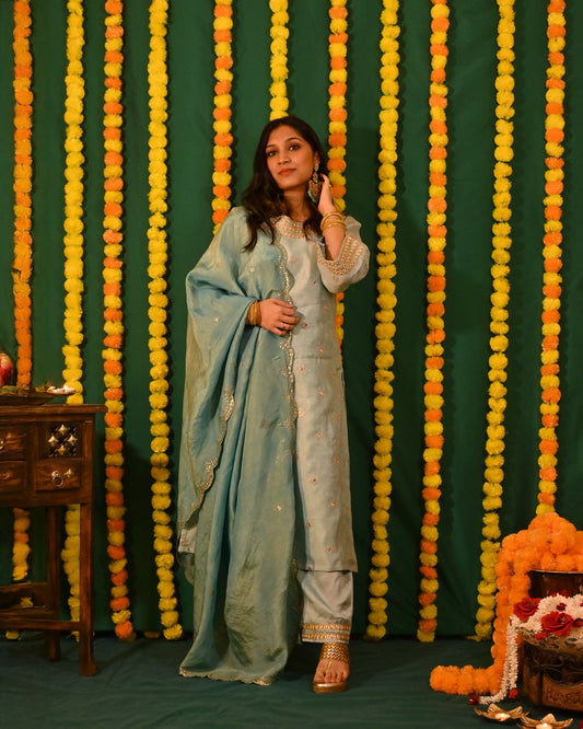 Ruhani: Blue and Gold Tissue Kurta with Pants and Dupatta
