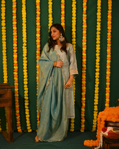 Ruhani: Blue and Gold Tissue Kurta with Pants and Dupatta