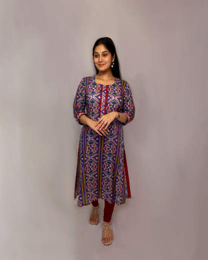Tarini: Purple Ikat Printed A-Line Kurta