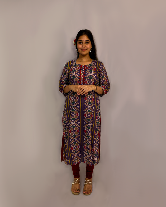 Tarini: Purple Ikat Printed A-Line Kurta