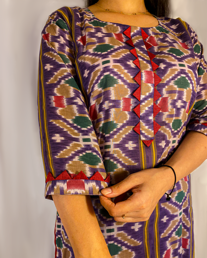 Tarini: Purple Ikat Printed A-Line Kurta