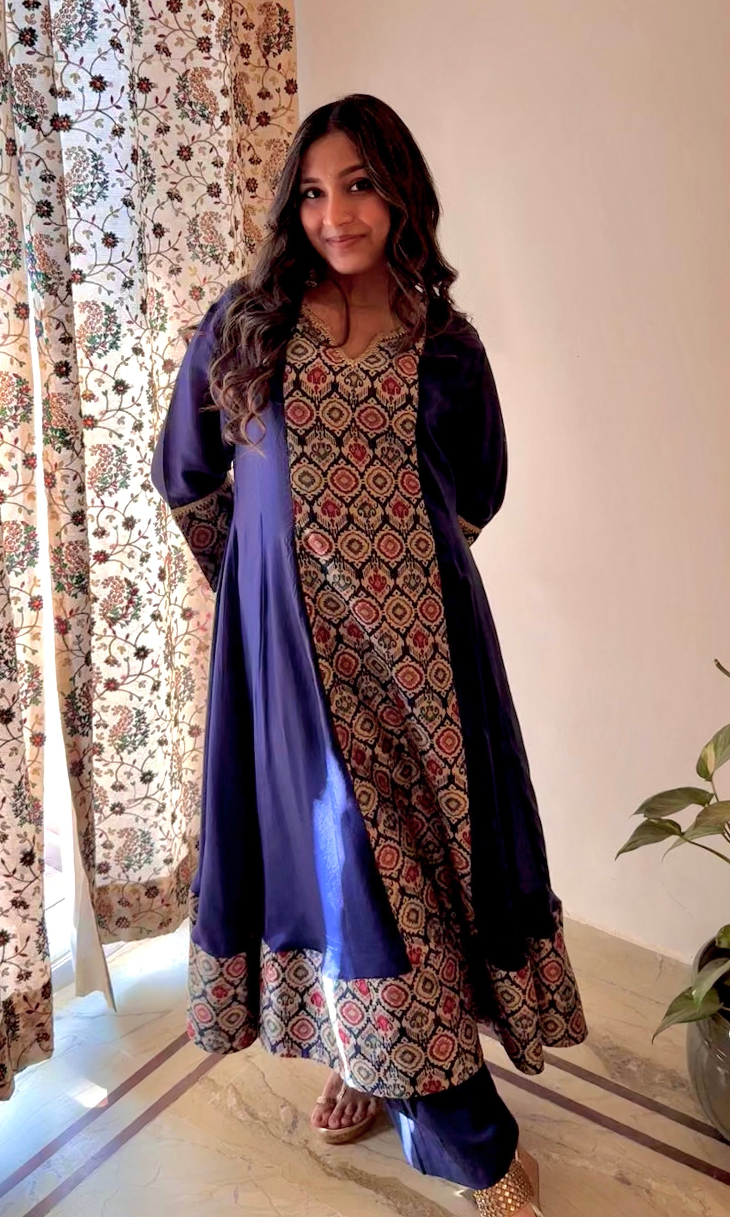 Zeba: Maroon Kalidar Kurta with Pants and Dupatta (Set of 2)