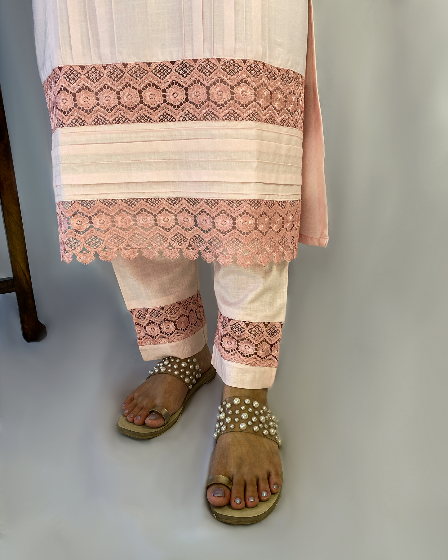 Zaina: Baby Pink Pin Tuck Kurta with Pants (Set of 2)