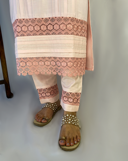 Zaina: Baby Pink Pin Tuck Kurta with Pants (Set of 2)