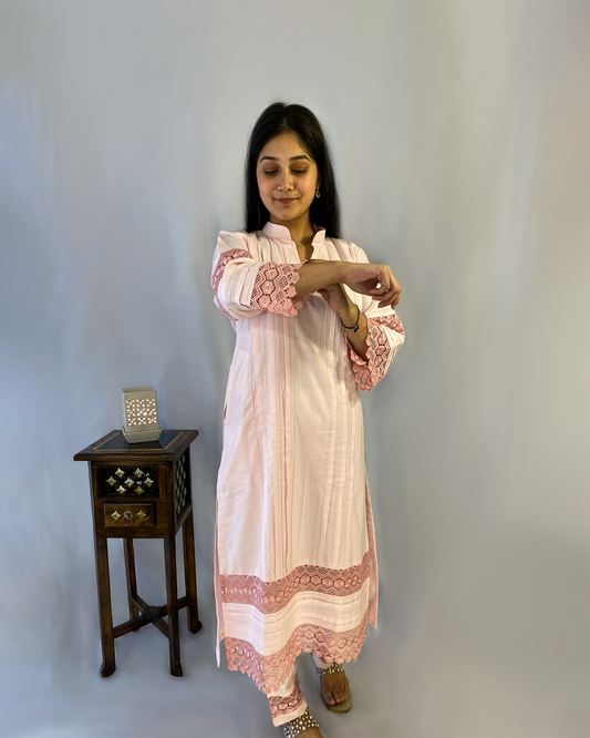 Zaina: Baby Pink Pin Tuck Kurta with Pants (Set of 2)