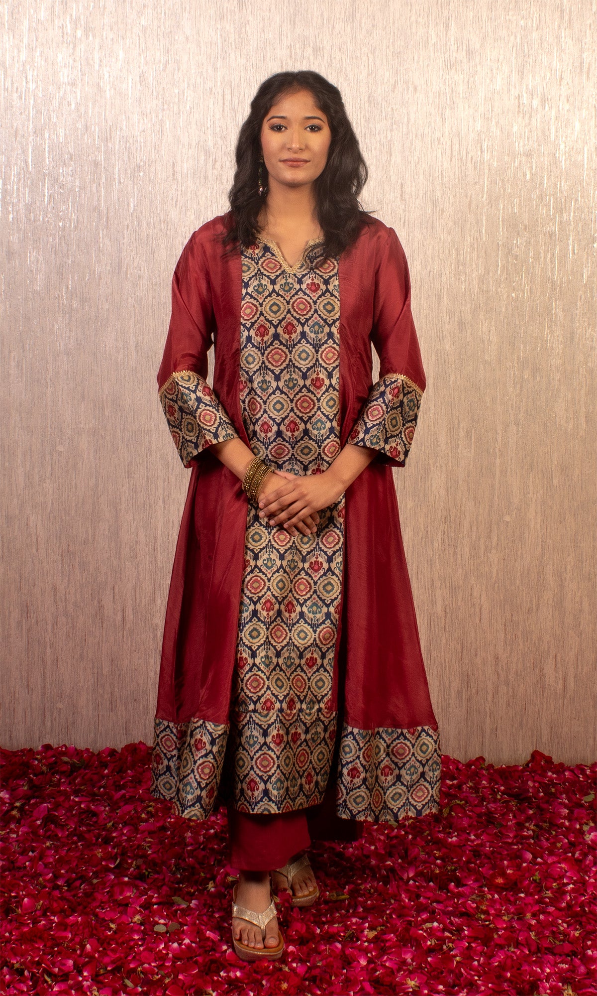 Zeba: Maroon Kalidar Kurta with Pants and Dupatta (Set of 2)