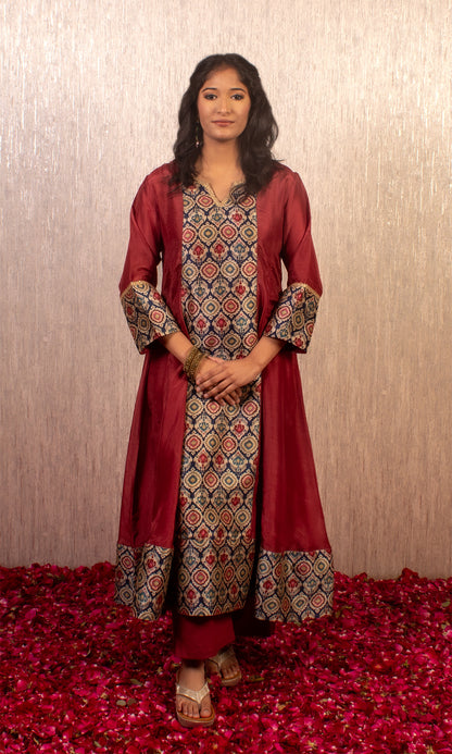 Zeba: Maroon Kalidar Kurta with Pants and Dupatta (Set of 2)