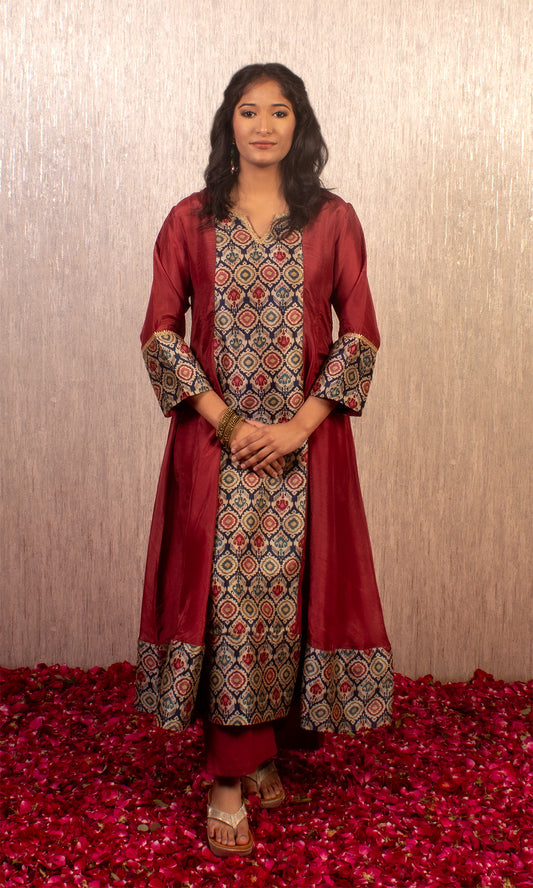 Zeba: Maroon Kalidar Kurta with Pants and Dupatta (Set of 2)