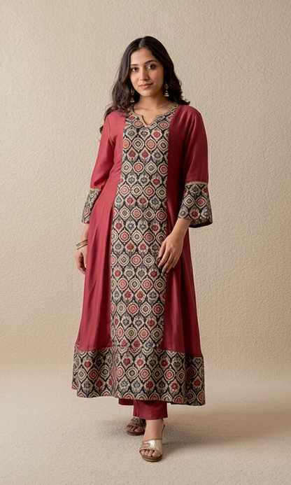 Zeba: Maroon Kalidar Kurta with Pants and Dupatta (Set of 2)