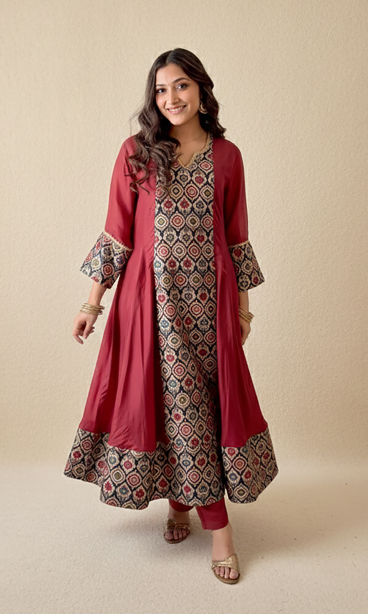 Zeba: Maroon Kalidar Kurta with Pants and Dupatta (Set of 2)