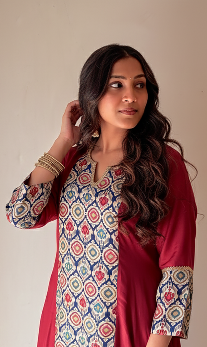 Zeba: Maroon Kalidar Kurta with Pants and Dupatta (Set of 2)